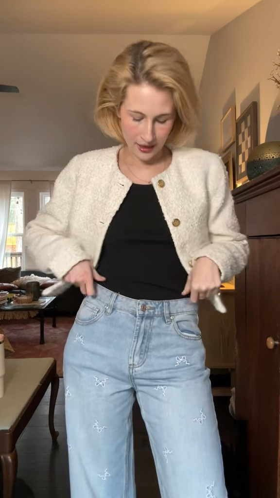 While I can’t link these specific pair, I did find a lot of similar options for novelty and embroidered jeans (linked my jacket and top as well) 

Jeans | bows | coquette aesthetic | bow jeans | Midrise jeans | Wideleg jeans | spring jeans | spring outfits 

#LTKWatchNow #LTKSaleAlert #LTKFindsUnder50