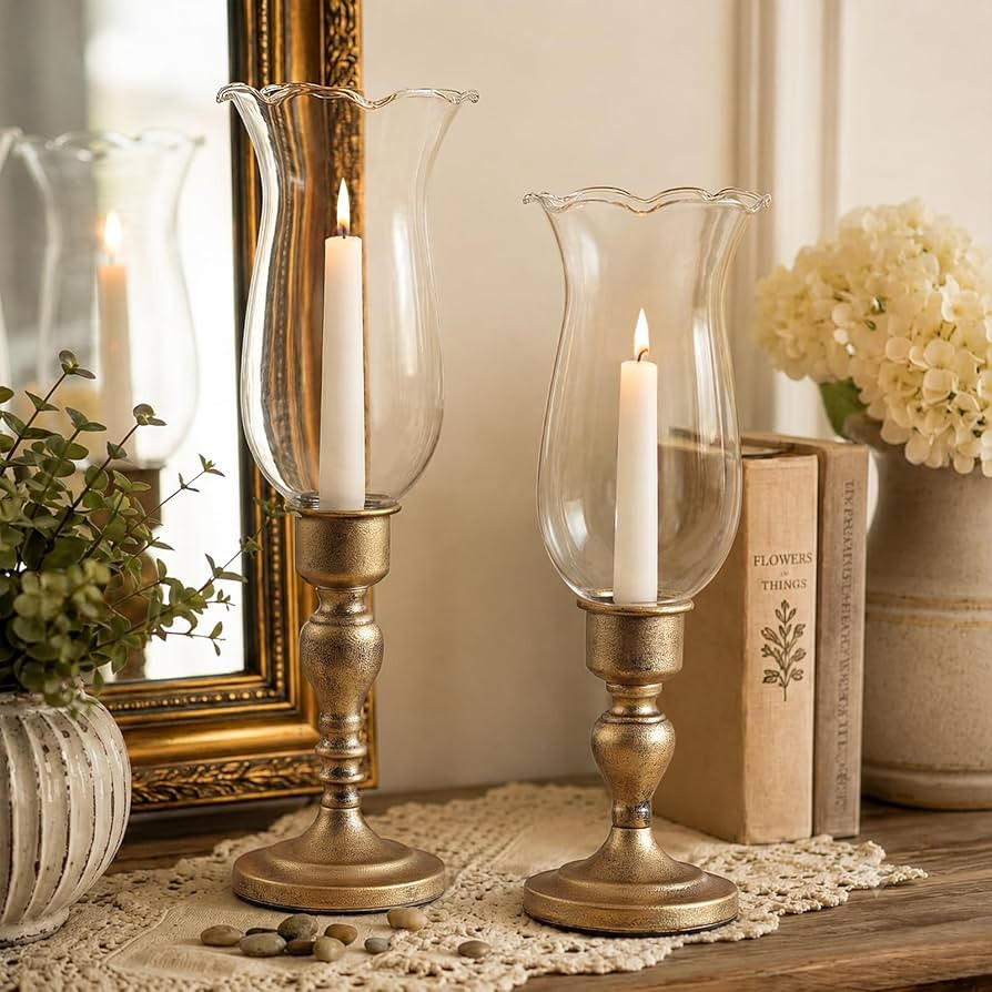 Volens Set of 2 Hurricane Glass Candle Holders with Iron Base & Glass Dome | Amazon (US)