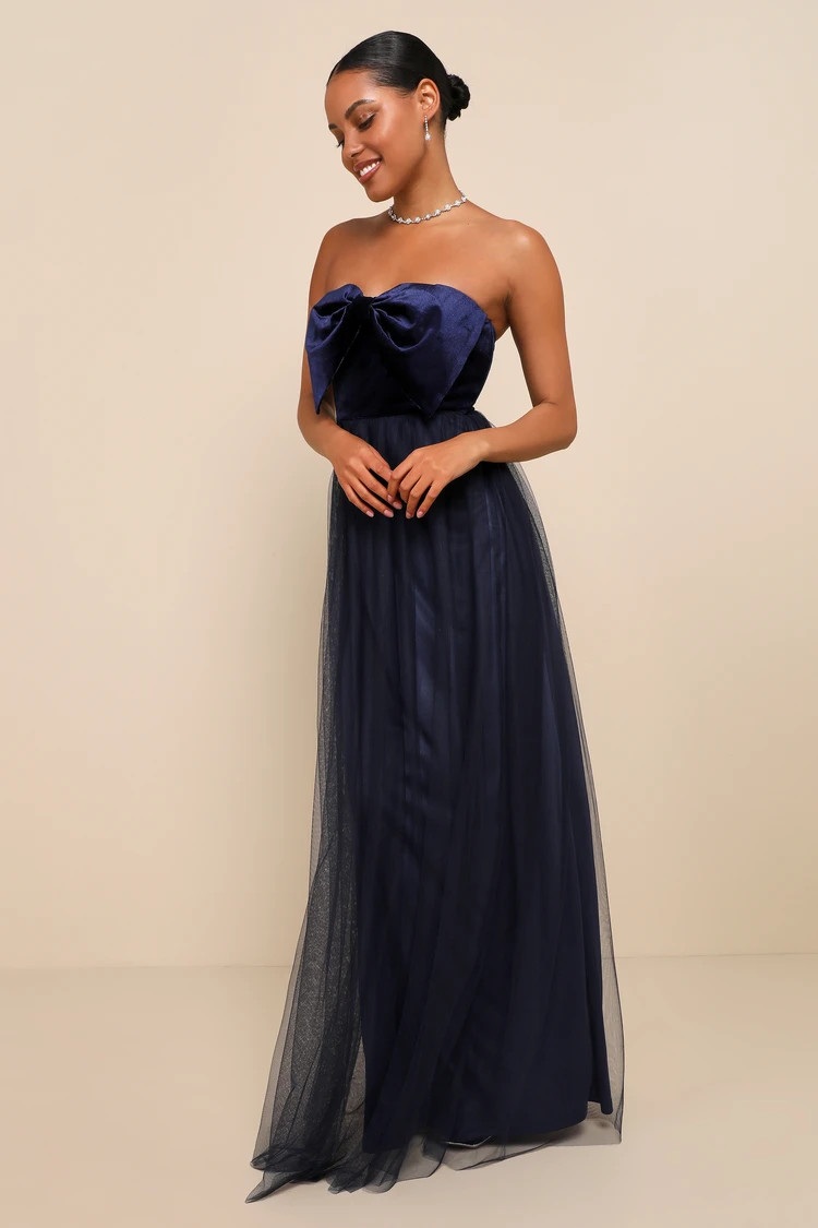 Perfectly Dramatic Navy Velvet Tulle Strapless Bow Maxi Dress | Lulus