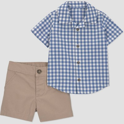 Carter's Just One You® Baby Boys' 2pc Gingham Button-Down Shirt and Shorts Set - Blue/Khaki 9M | Target