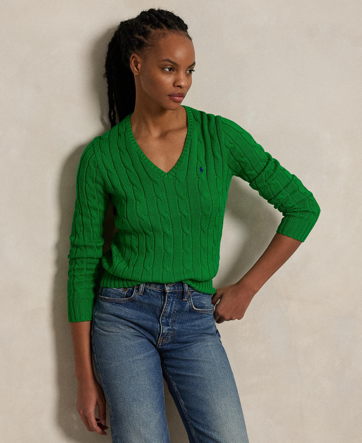 Polo Ralph Lauren Women's Cable-Knit Cotton V-Neck Sweater - Preppy Green | Macy's