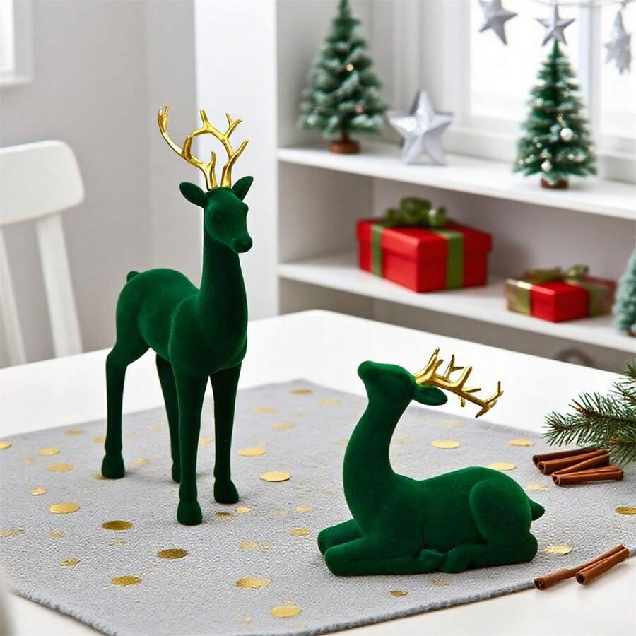 2Pcs Christmas Reindeer Figurines Flocking Deer Statue Tabletop Decor For Living Room Home Office... | SHEIN