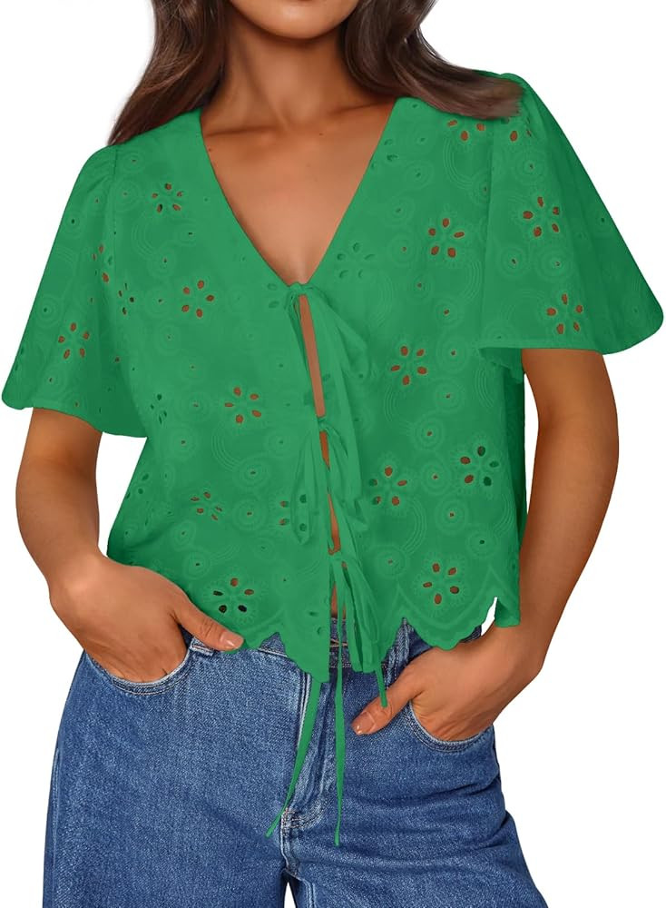 Trendy Queen Womens Summer Tops Cute Boho Blouses Beach Vacation Spring Outfits 2026 Tie Front Ey... | Amazon (US)