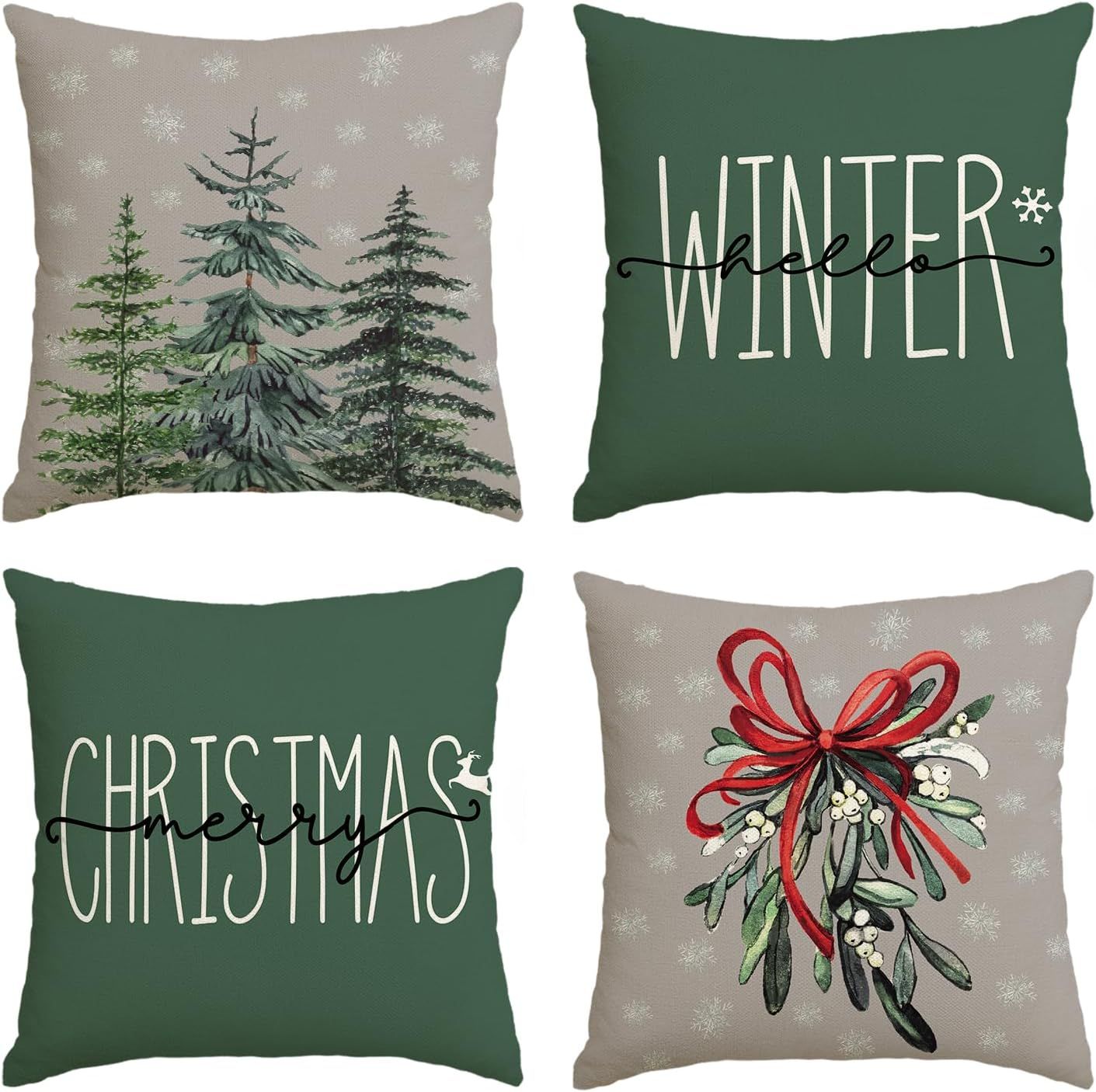 AVOIN colorlife Merry Christmas Tree Hello Winter Green Throw Pillow Covers, 18 x 18 Inch Mistlet... | Amazon (US)