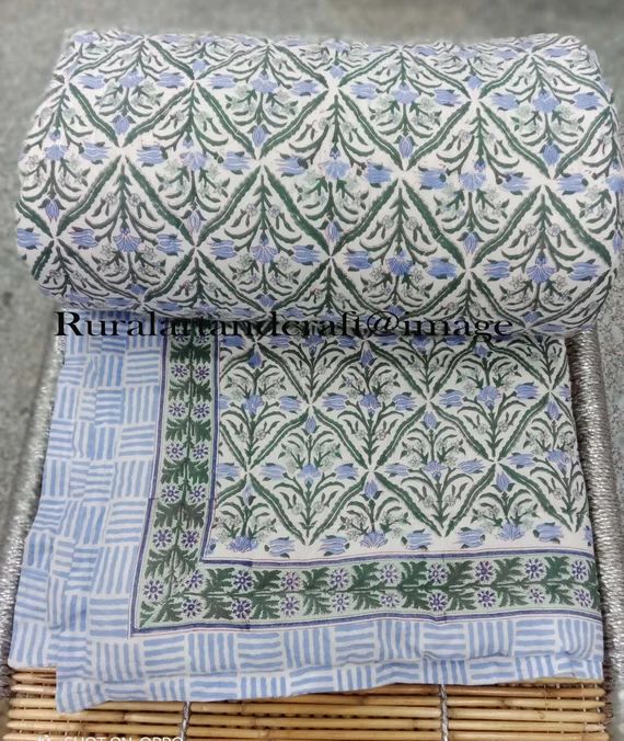 Hand Block Print Quilt Handmade Floral Print Quilt Reversible Block Print Quilt Blanket Kantha Th... | Etsy (US)