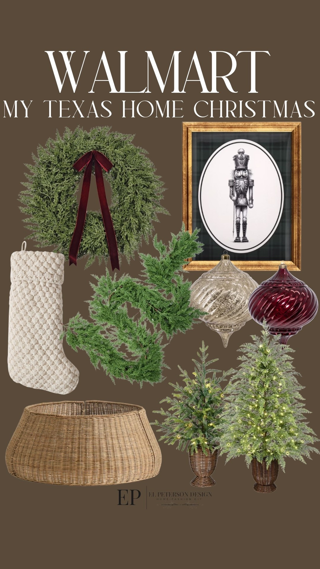 Walmart
Wreath
Artwork
Tree skirt
Stockings
Ornaments
Garland
Table top tree