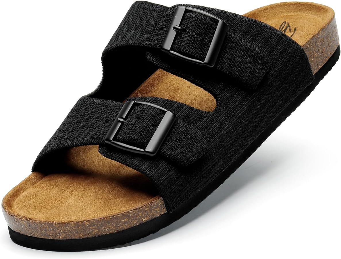 Womens Cork Footbed Slides Comfort Adjustable Double Buckle Flat Sandals with Memory Foam | Amazon (US)