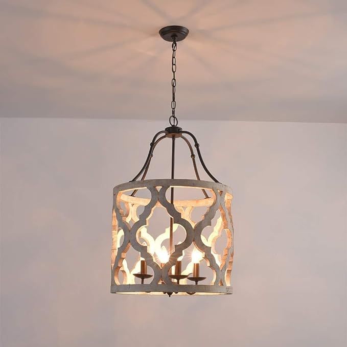 Jiuzhuo Vintage Distressed White Carved Wood 4-Light Lantern Farmhouse Chandelier Lighting Hangin... | Amazon (US)