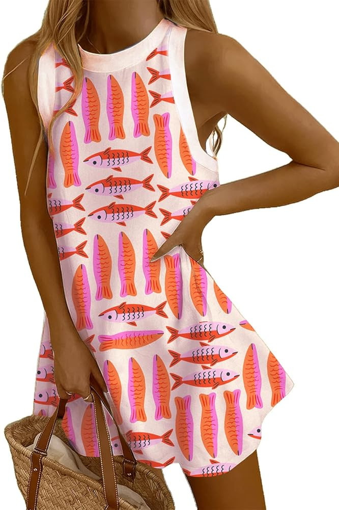 LOVESHOOT Womens Tank Dresses Summer Casual Mini Sleeveless Crew Neck Novelty Floral Printed Sund... | Amazon (US)