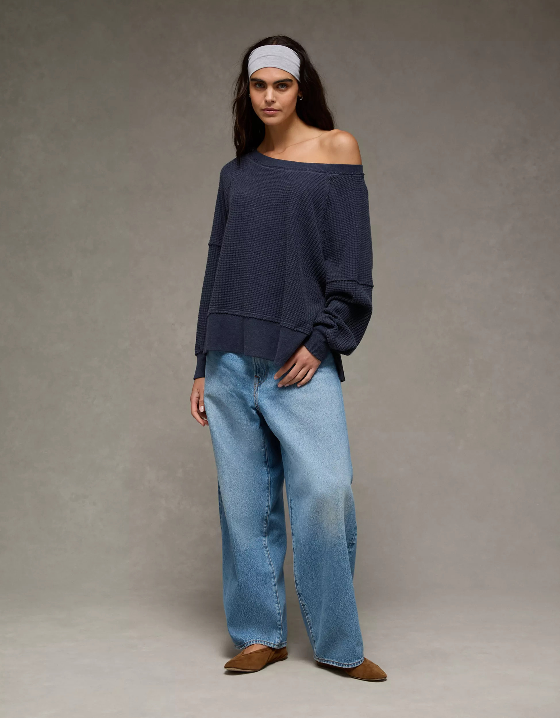 AE Big Hug Off-The-Shoulder Waffle Sweatshirt | American Eagle Outfitters (US & CA)