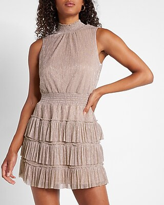 Metallic Sleeveless Mock Neck Tiered Ruffle Dress | Express