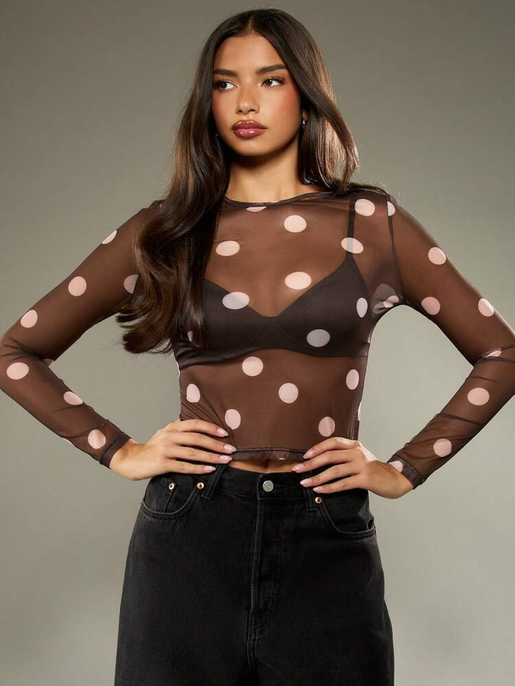 MISSGUIDED Polka Dot Mesh Long Sleeve Crop Top See Through Mock Neck Fall Winter Holiday Party Cl... | SHEIN