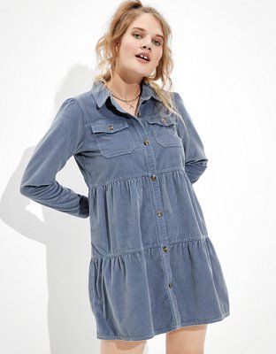 AE Corduroy Long Sleeve Babydoll Dress | American Eagle Outfitters (US & CA)