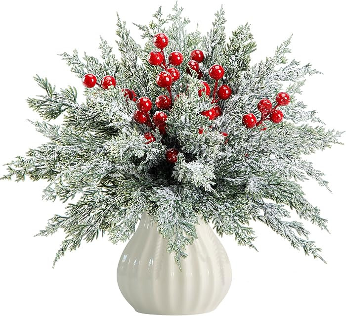 60 Pcs Artificial Christmas Snow Pine Branches with Red Berry Stems, Snowy Faux Greenery Norfolk ... | Amazon (US)