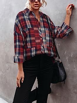 Amazon.com: PINKMARCO Womens Cotton Plus Size Flannel Plaid Button Down Red Long Sleeve Shirts Fall  | Amazon (US)
