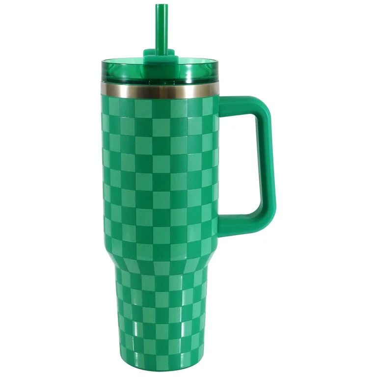 Mainstays 40 oz Stainless Steel Tumbler with Straw and Handle, Double Wall Insulated, Green Check | Walmart (US)