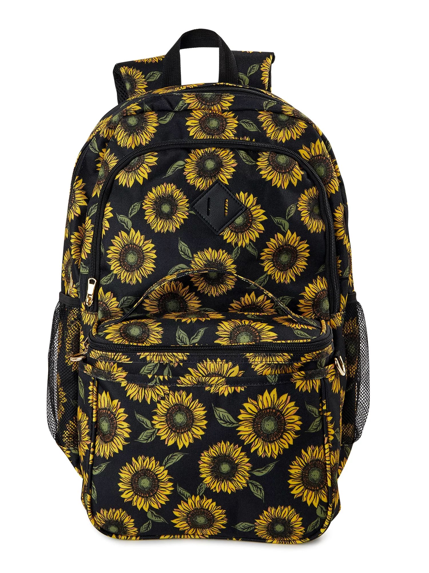 No Boundaries Women’s Backpack Duo with Square Lunchbox Black Sunflower | Walmart (US)