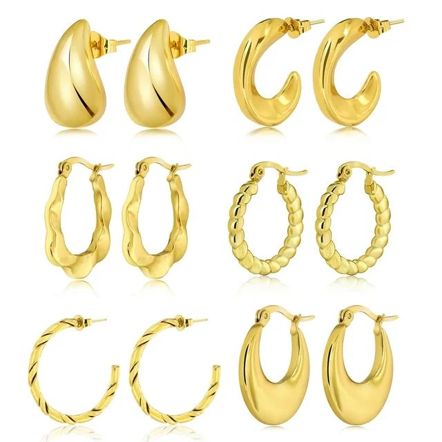JeenMata 6 Pairs Multipack Everyday Women Earrings Gift Set in Yellow Gold Plating, Thick Open, L... | Walmart (US)