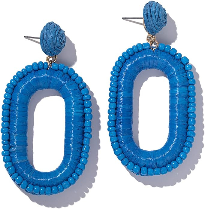 Beaded Raffia Boho Earrings - Cute Seed Bead Square Drop Dangle Earrings for Summer | Amazon (US)