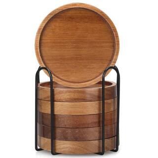 Acacia Wood Coasters with Holder for Drink, Home Dining Table, Kitchen Accessories, Bar, Outdoor Coasters, Brown(6-Pack) | The Home Depot
