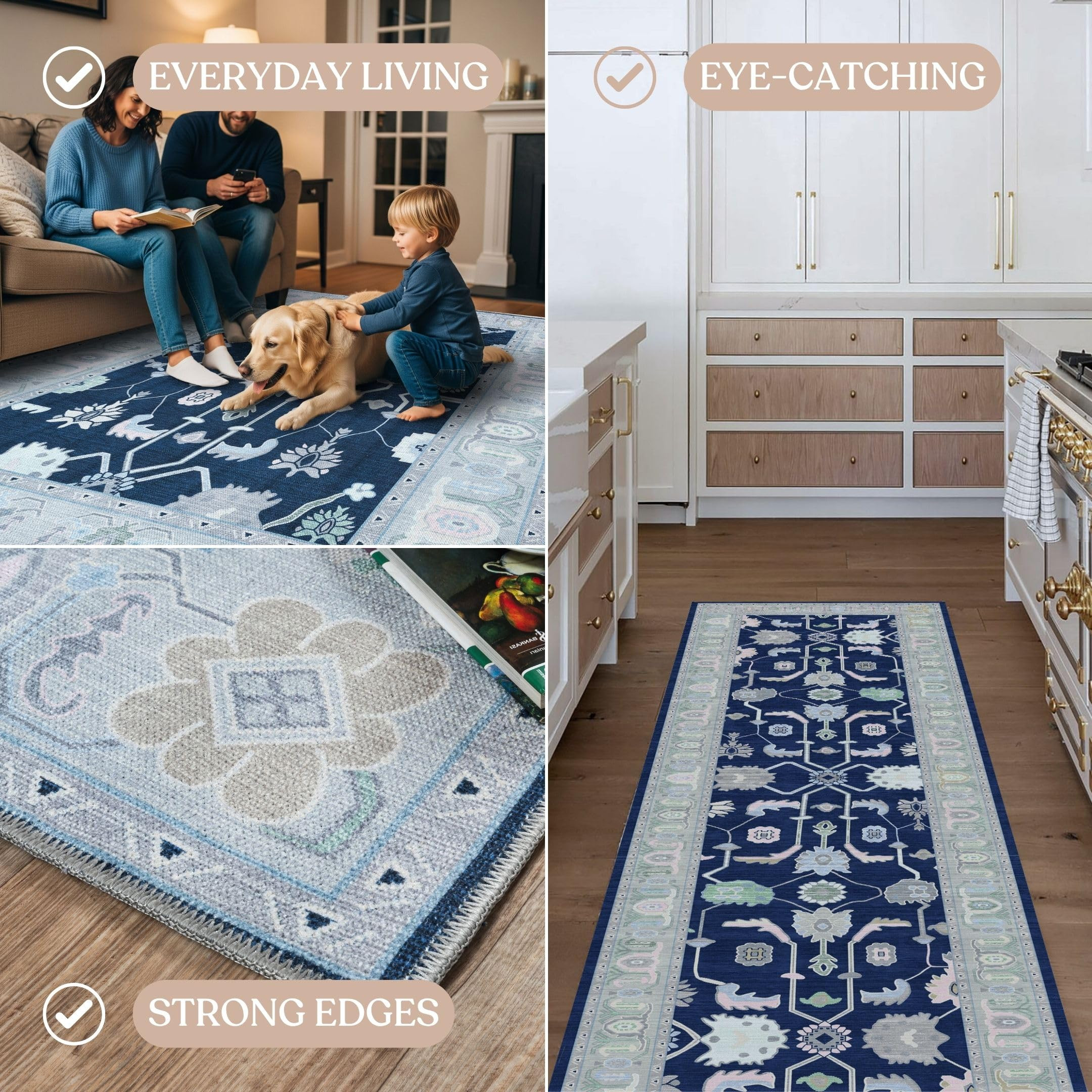 Fame Living Navy Blue Oushak Rug, Modern, Vintage, Turkish, Eclectic, Floral, Pastel, Washable, A... | Amazon (US)