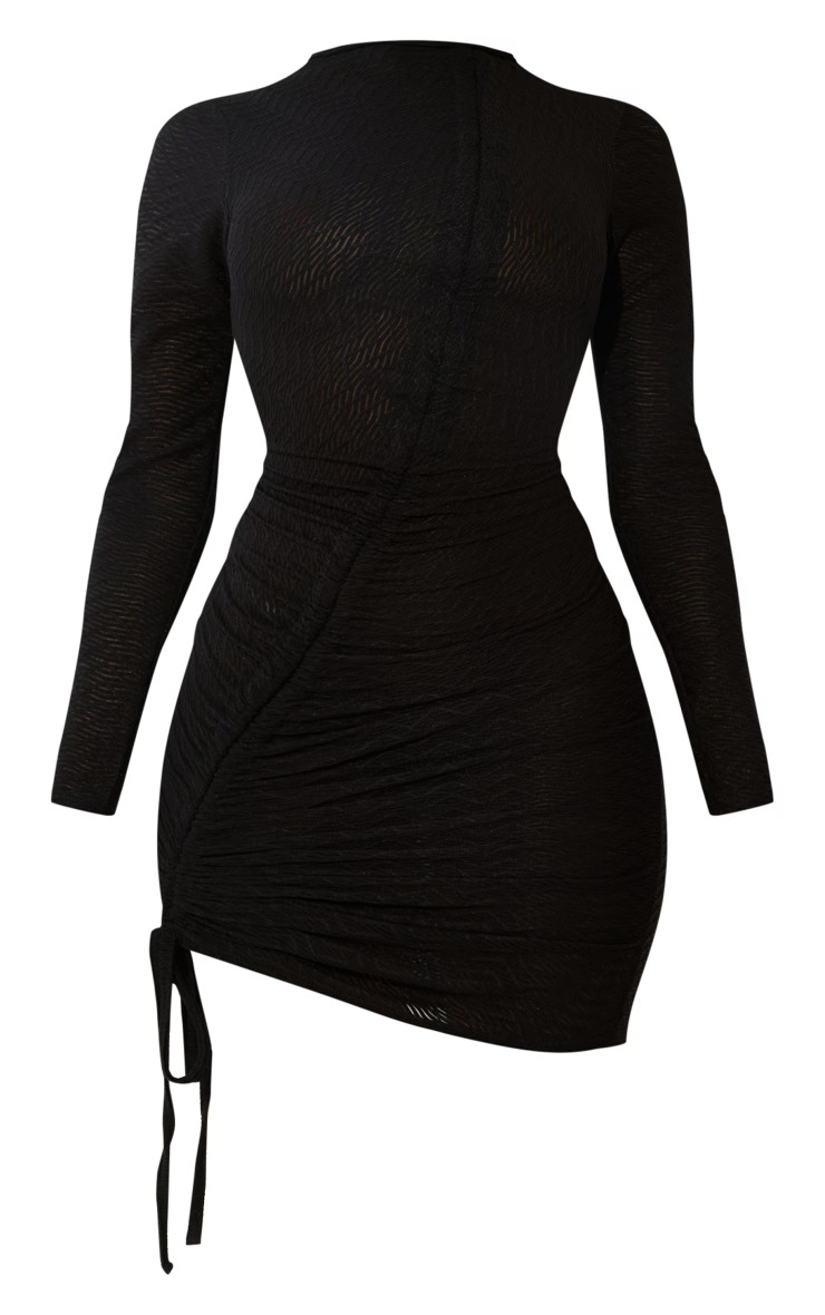 Black Textured Ruched Long Sleeve Bodycon Dress | PrettyLittleThing US