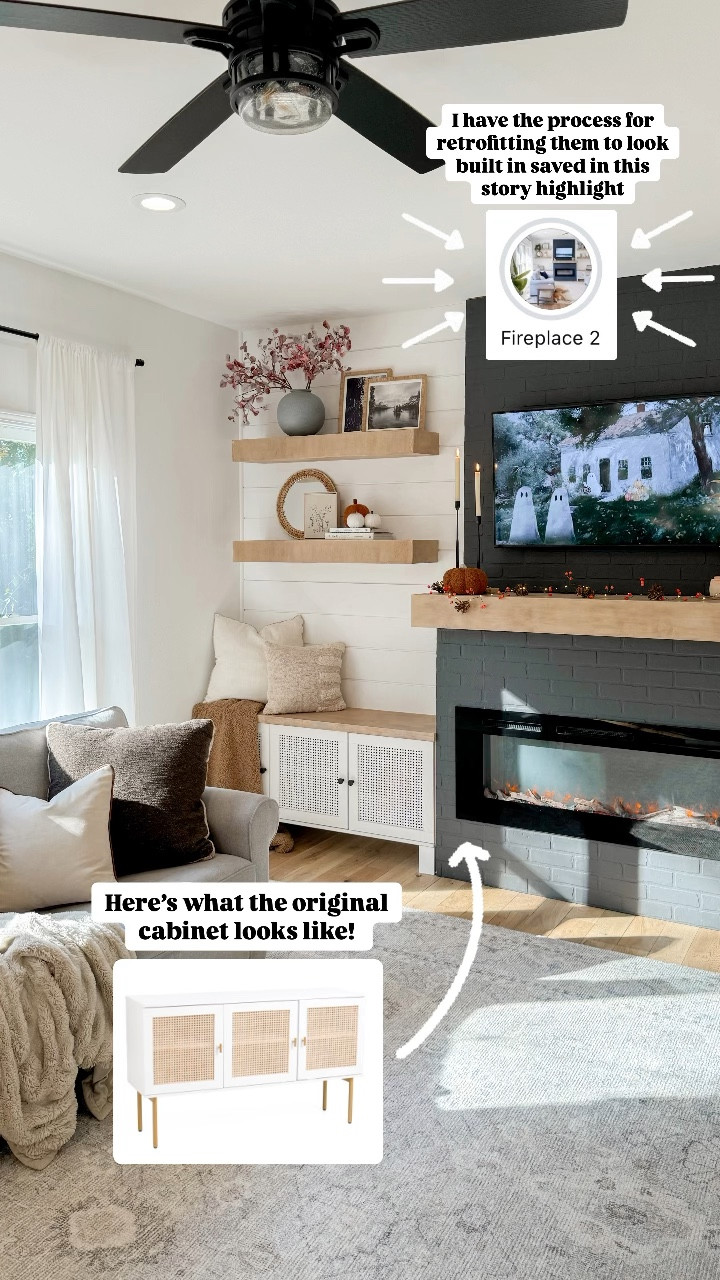 Side cabinets linked!!! Check out my IG story highlight called “fireplace 2” for a look at how I retrofitted them to look built in. 

#LTKHome