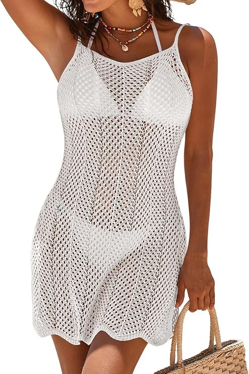 Pink Queen Womens 2026 Summer Crochet Swimsuit Cover Up Beach Bathing Suit Coverup Sheer Mesh Kni... | Amazon (US)