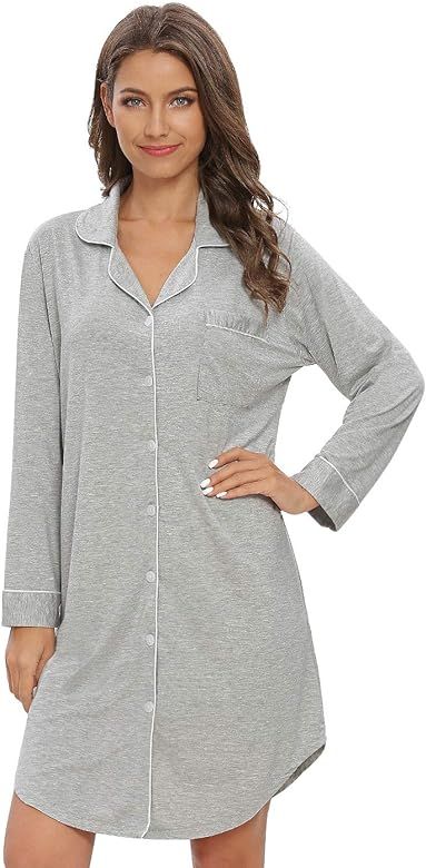 Nightgowns for Women Pajama Sleepdress Long Sleeve Button Down Boyfriend Nightshirts | Amazon (US)