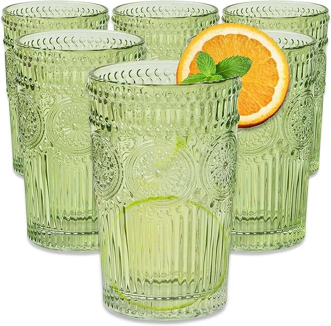 Vintage Textured Sage Green Striped Drinking Glasses Set of 6-13 oz Ribbed Glassware with Flower ... | Amazon (US)