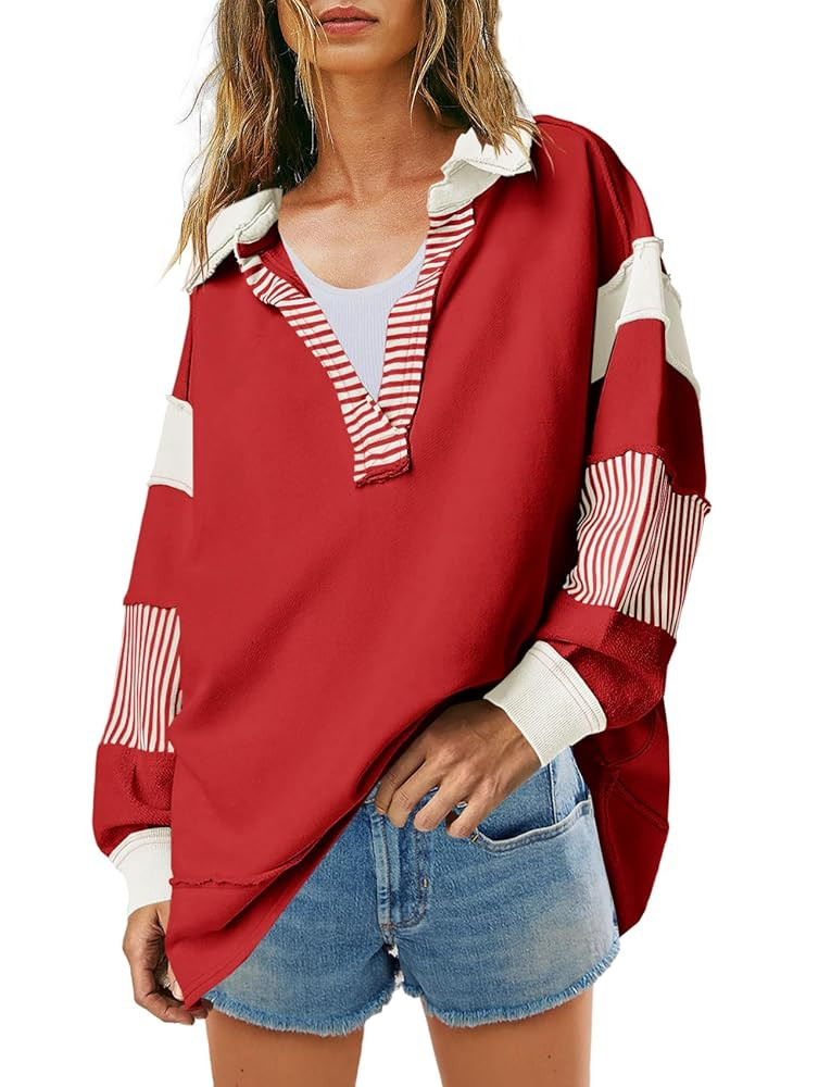 SENSERISE Womens Oversized Striped Sweatshirt Casual V Neck Tops Color Block Polo Shirts Long Sle... | Amazon (US)