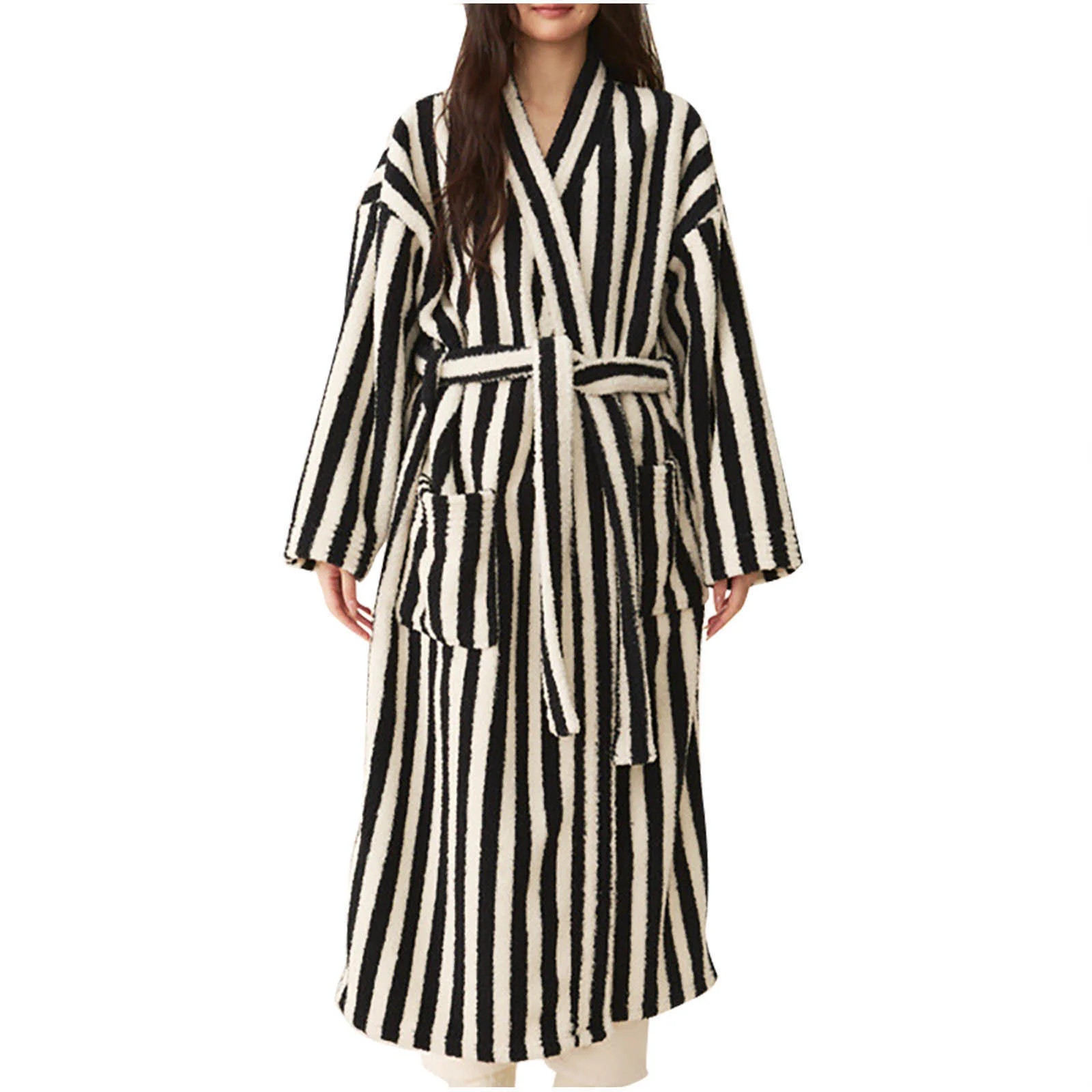 YanQiao Women's Robes Long Sleeve Knit Stripe Bathrobe Soft Lightweight Loungewear Cotton Nightgo... | Walmart (US)