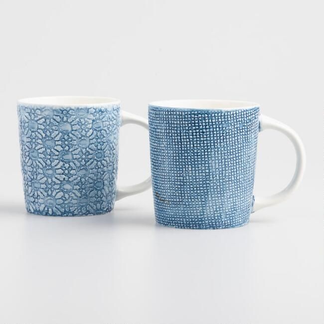 Blue and White Textured Porcelain Mugs Set of 2 | World Market