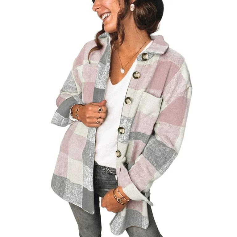 Alvaq Womens Plaid Flannel Shirt Shacket Oversized Long Sleeve Botton Down Shirts Boyfriend Jacke... | Walmart (US)