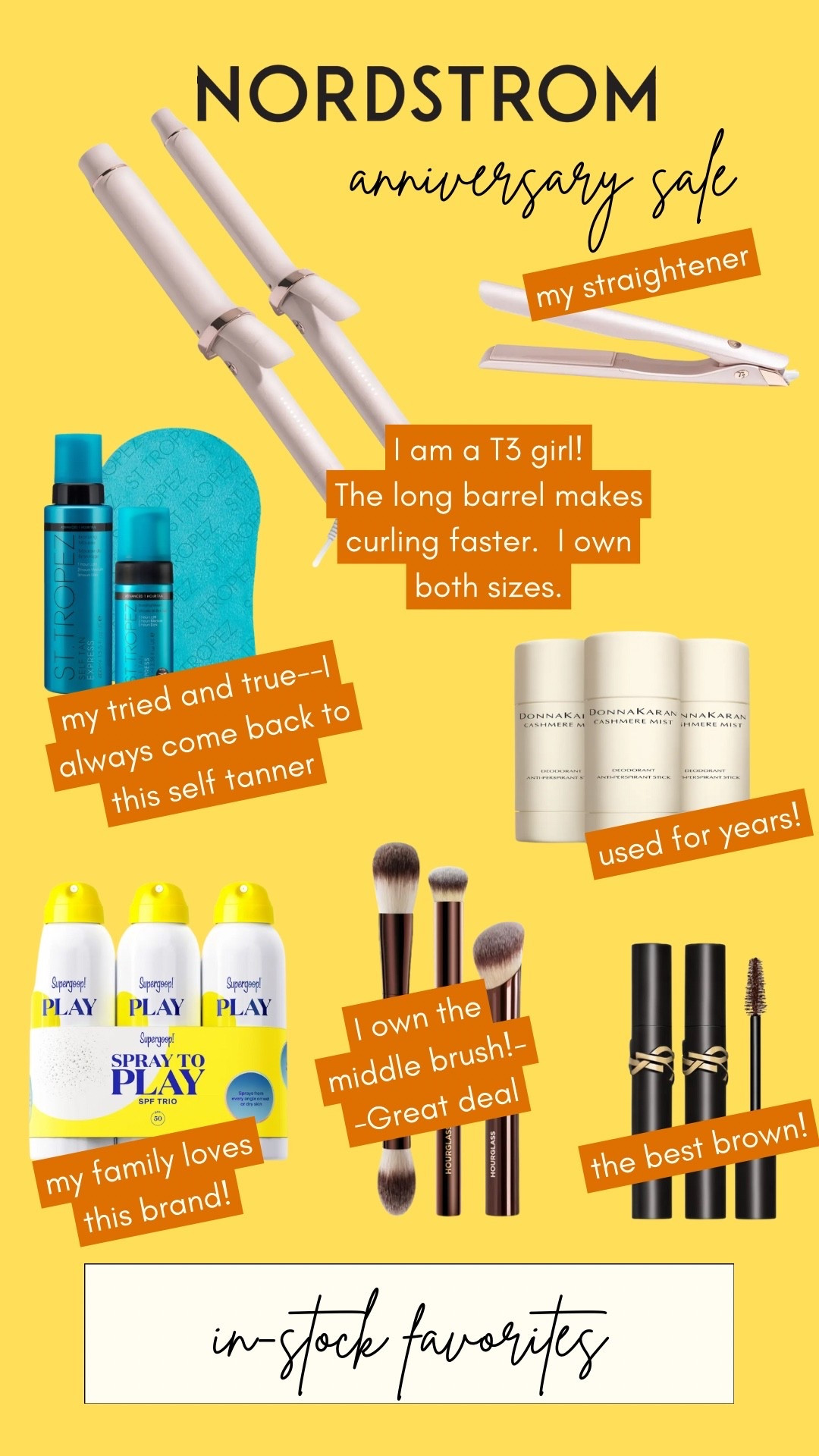 Nordstrom anniversary beauty favorites, favorite sunscreen, Supergoop, favorite self tanner, St. Tropez, deodorant, long barrel t3 curling iron, brown mascara, autumn, true autumn

#LTKBeauty #LTKSaleAlert #LTKFindsUnder100