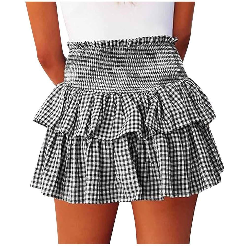 Plaid Tiered Mini Skirts for Women 2025 High Waist Ruffle Flowy Layered Ruffle Summer Casual Beac... | Amazon (US)