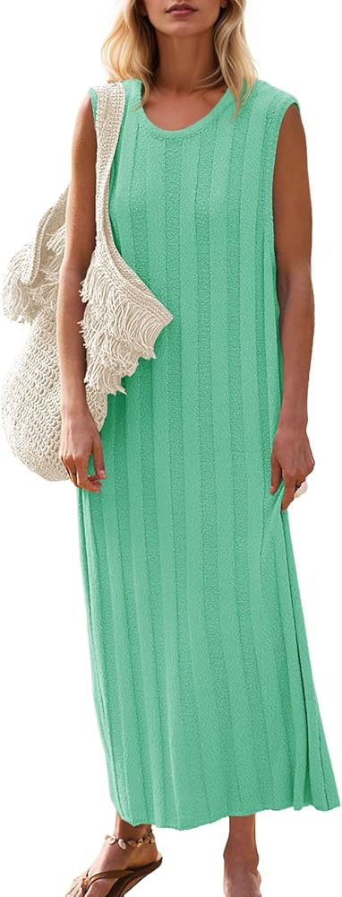 Fisoew Women's Summer Sleeveless Maxi Dress Scoop Neck Ribbed Knit Tank Top Dresses | Amazon (US)