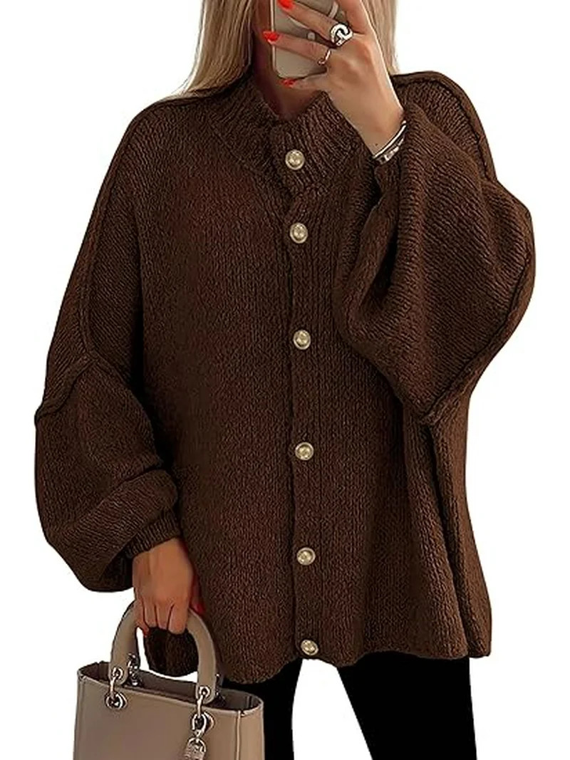 PRETTYGARDEN Women's Winter Button Down Cardigan Sweaters Mock Neck Lantern Long Sleeve Chunky Kn... | Walmart (US)