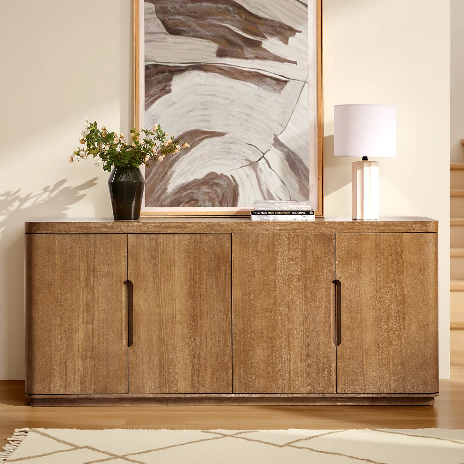Waynesville 72"W 4-Door Modern Oak Wood Sideboard with Adjustable Shelves | Wayfair North America