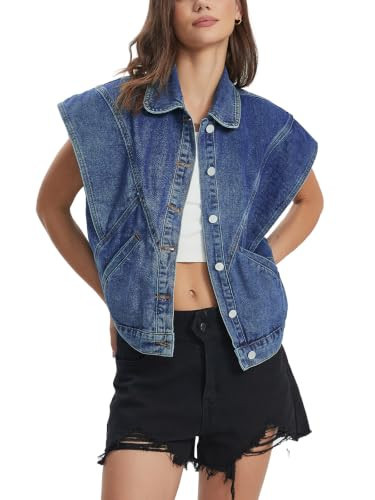 Ladyful Women's Oversized Denim Vest Y2K Cap Sleeve Jean Top with Pockets | Amazon (US)