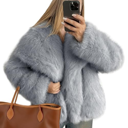 Flygo Women's Faux Fur Coat Fluffy Faux Fur Jacket Long Sleeve Lapel Furry Winter Jackets Shaggy Parka Short Coat(LightGrey-XL) | Amazon (US)