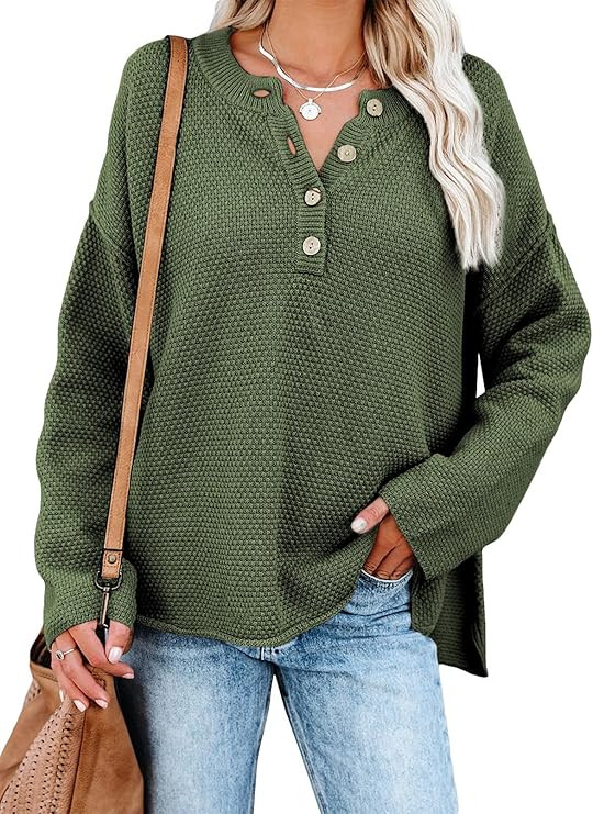 BLENCOT Women Button Neck Sweater Long Sleeve Chunky Oversized Fall Tunic Sweaters | Amazon (US)
