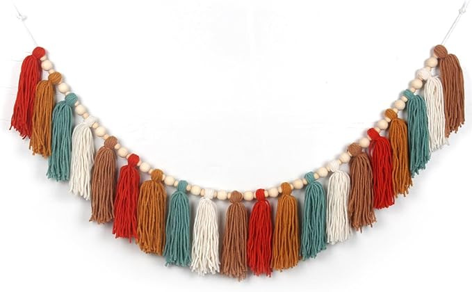 Burnt Orange Boho Yarn Tassel Garland with Wood Beads Earth Tone Wall Hanging Tassels Bunting Ban... | Amazon (US)