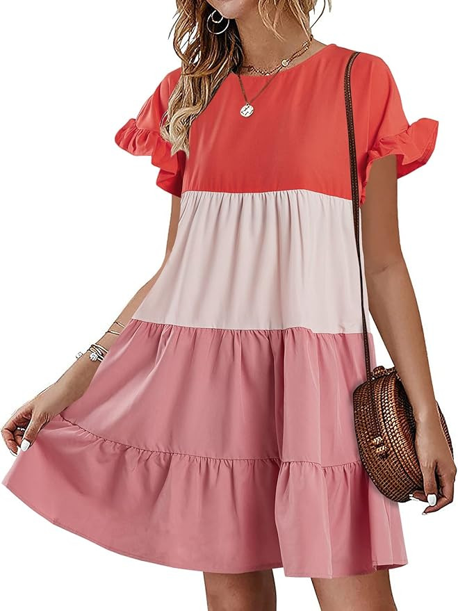 Imysty Womens Boho Floral Printed Babydoll Ruffles Casual Loose Short Mini T-Shirt Dress | Amazon (US)