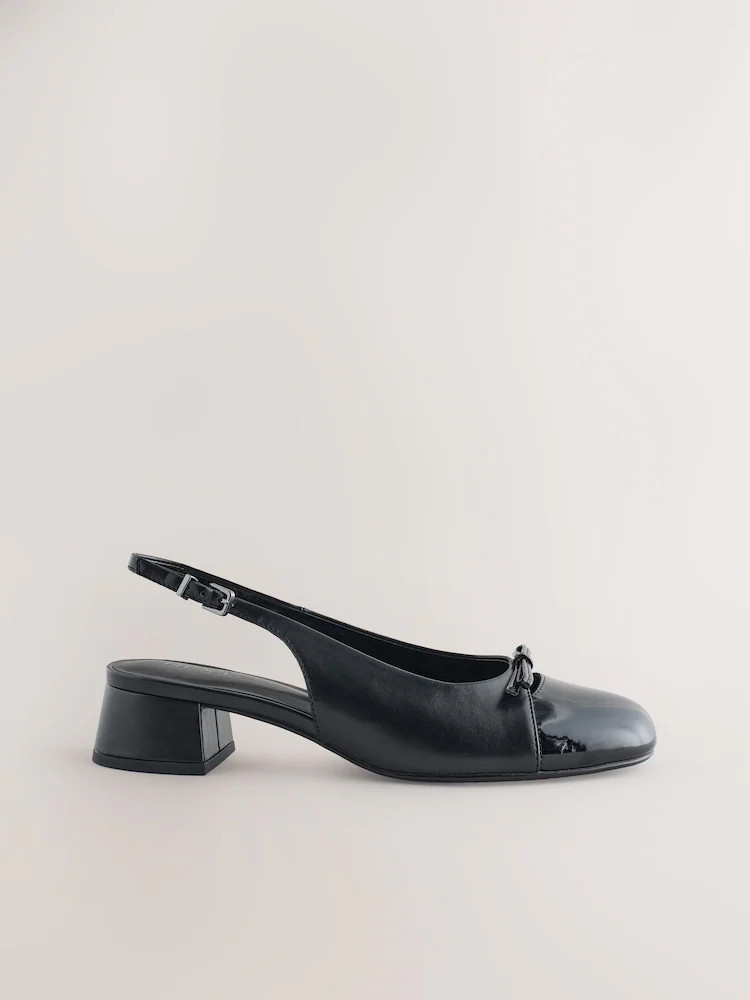 Black Round Toe Cap Bow Slingback Block Heels | Next US