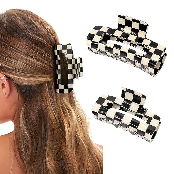 Checkered Hair Clips for Women KICOSY Checker Tortoise Square Claw Clips for Thick Hair and Thin ... | Amazon (US)