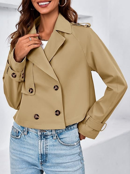 Tankaneo Womens Cropped Trench Coat Lapel Double Breasted Short Jacket Outwear | Amazon (US)