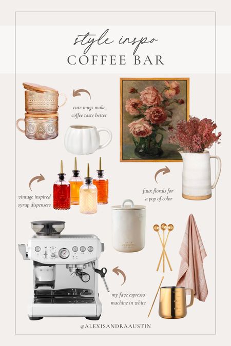 Coffee bar style inspo! I love all of the little details to add into a coffee station along with the prettiest seasonal colors

Style inspo, coffee bar style, morning coffee, neutral home, fall refresh, coffee finds, spoon stir, canvas art, faux floral, espresso machine, aesthetic finds, coffee mug, fall home, linen towel, coffee canister, syrup dispenser, kitchen finds, aesthetic kitchen, Target, Afloral, Williams-Sonoma, Amazon, CB2, Magnolia, seasonal finds, shop the look!

#LTKSeasonal #LTKGiftGuide #LTKhome