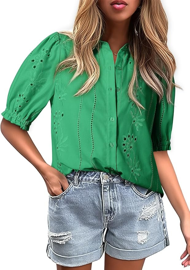 Dokotoo Women's Summer Tops Dressy Casual V Neck Short Sleeve Button Up Hollow Out Eyelet Lace Em... | Amazon (US)