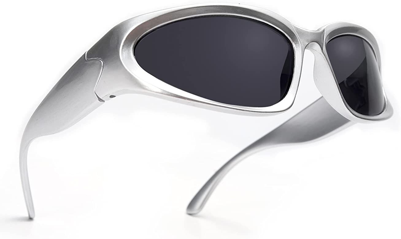 Amazon.com: Wrap Around Fashion Sunglasses for Men Women Trendy Swift Oval Silver Dark Sunglasses... | Amazon (US)